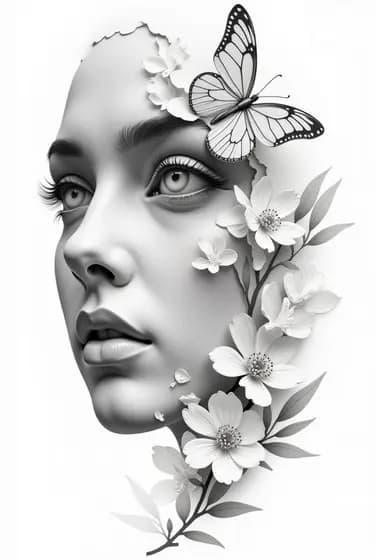 Female face morphing with butterflies fine line tattoo design