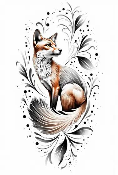 Fine line fox with floral details tattoo sketch