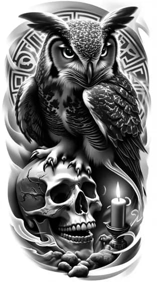 Black and grey owl perched on a human skull tattoo design