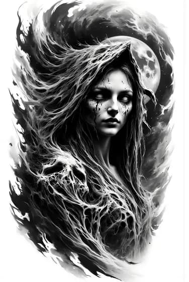 Realistic witch portrait with raven and moonlight tattoo design