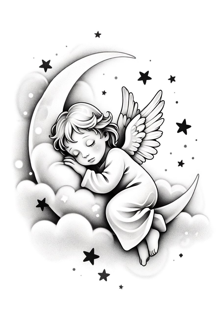Black and grey tattoo design of an angel child sleeping on a crescent moon, generated by StenGen