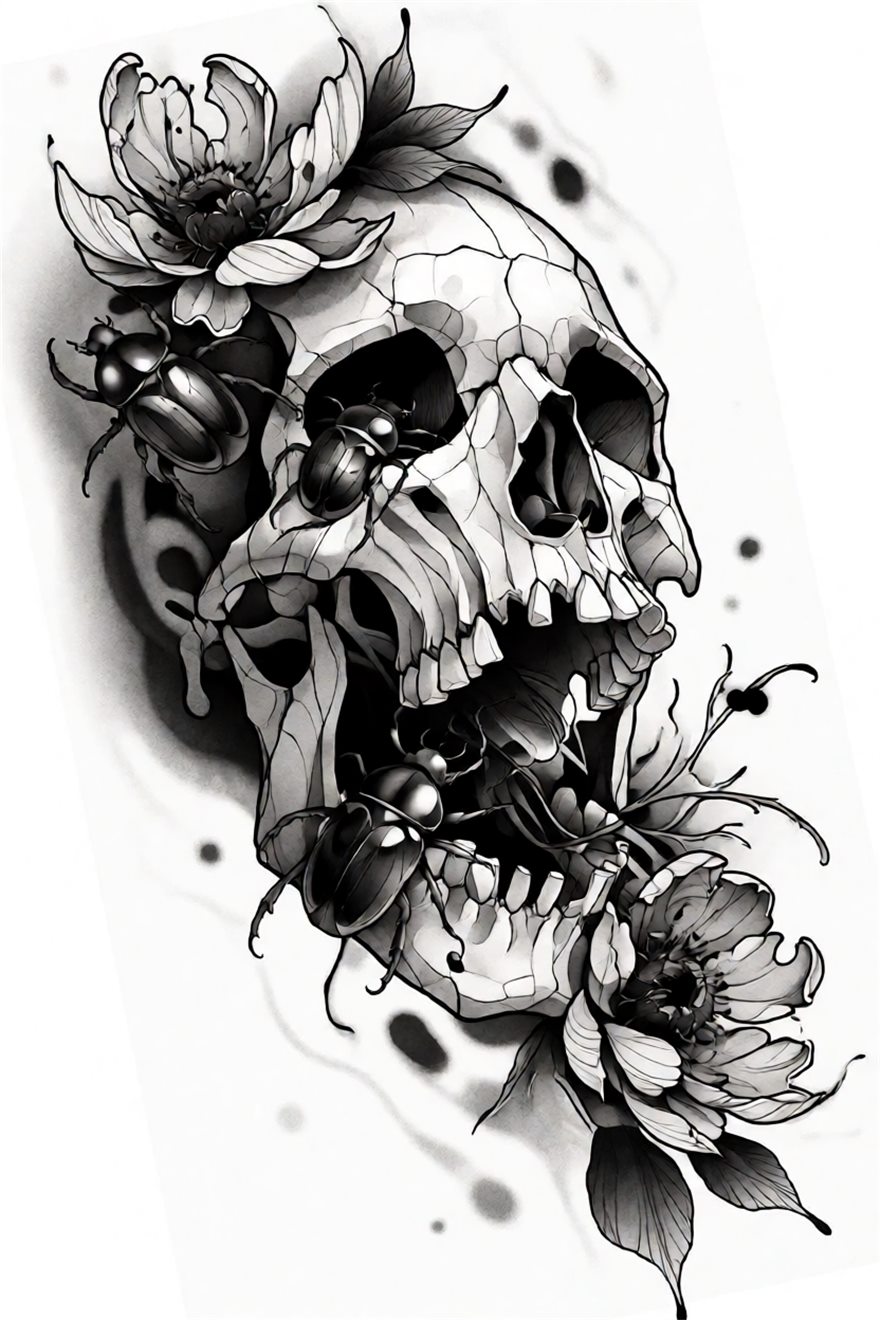 Black and grey tattoo design of a cracked skull with beetles and flowers, generated by StenGen